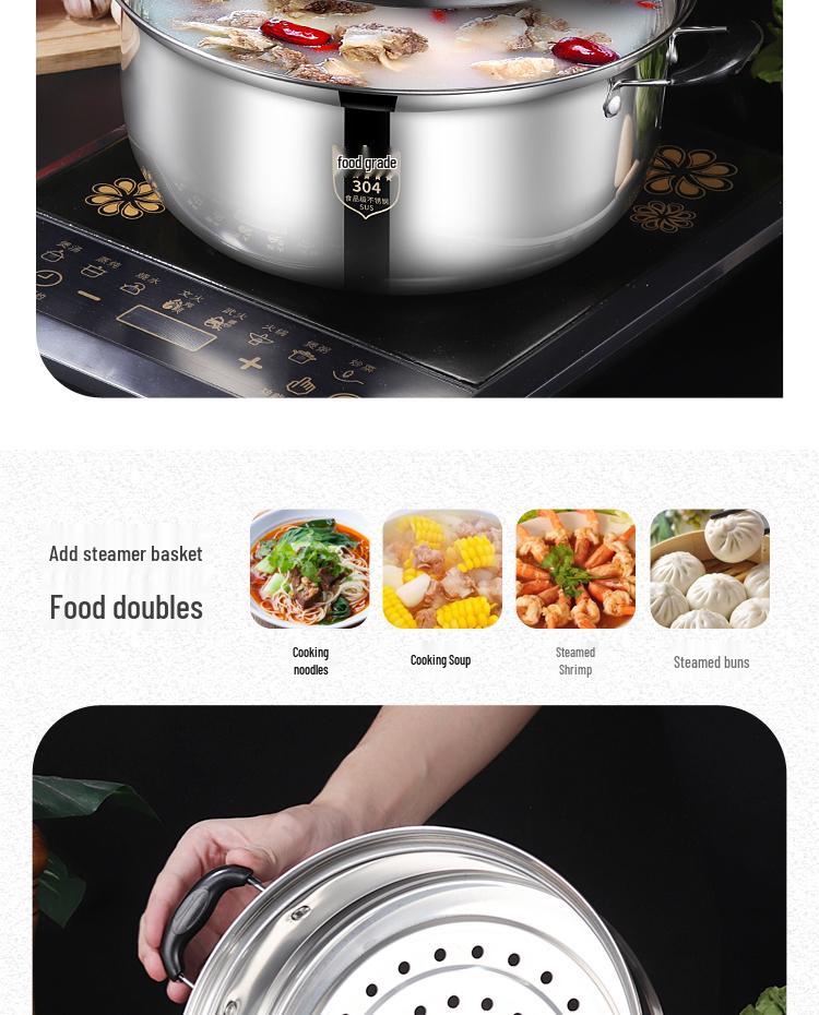 Thickened 304 Stainless Steel Soup & Milk Pot with Steamer for Induction & Gas Cookers