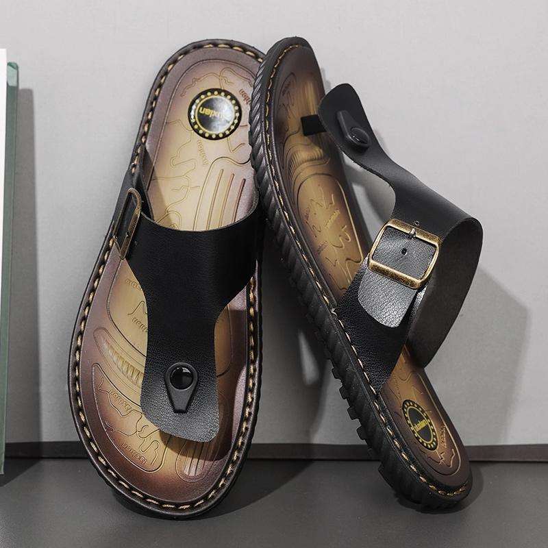 Übergröße Mode Weiches Leder Herren Flip-Flops Outdoor Wasserdichte Strandsandalen Sommer Herren Hausschuhe