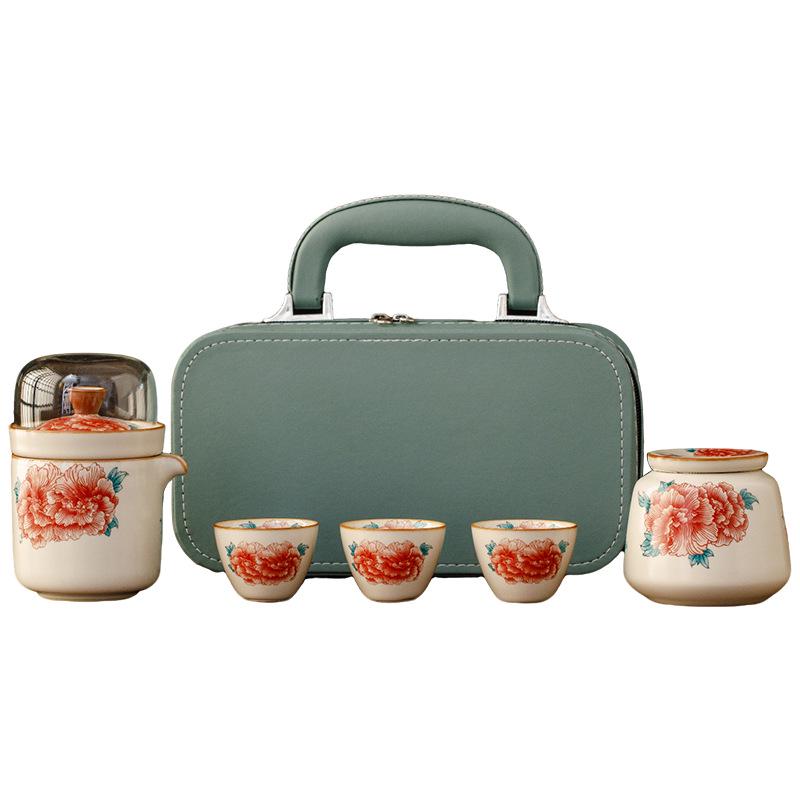 Ru Kiln Peony Quick Cup: Portable Outdoor Tea Set with One Pot and Four Cups