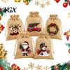 Santa Claus Snowman Reindeer Prints Christmas Jute Burlap Gift Bags, Drawstring Treat Candy Reusable Fabric Pouches Bag, Linen Packaging Pouch