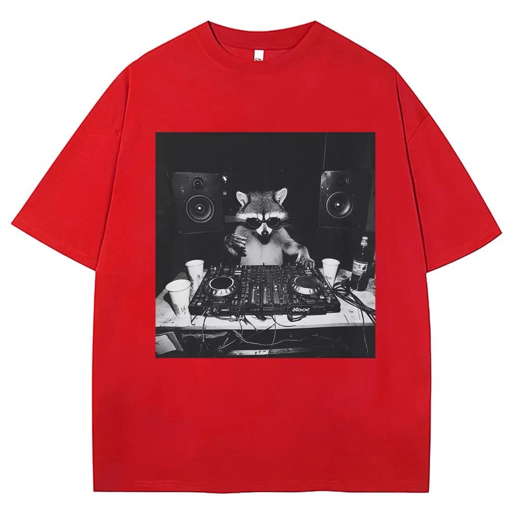 Funny raccoon DJ T-shirtfunny animal women's vintage T-shirt oversized casual streetwear T-shirt