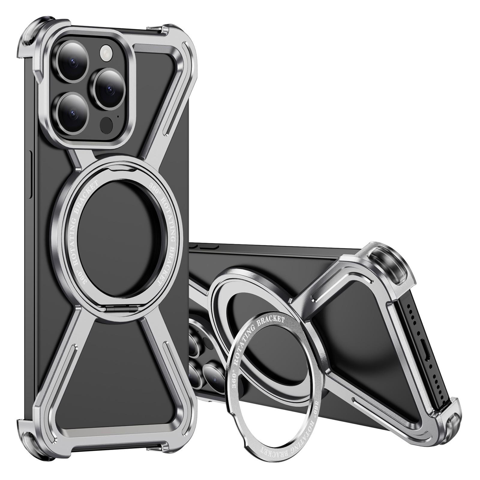 

For iPhone 15 Pro Max Bumper Cases Borderless Metal Frame Cover Compatible with MagSafe Kickstand Silver