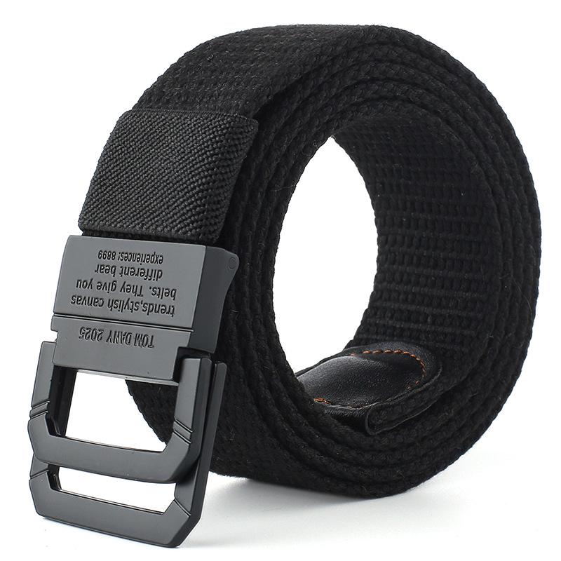 Men's Fashion Canvas Belt with Double Ring Buckle for Teens and Students - Leather-Accented and Adjustable Trousers Belt.