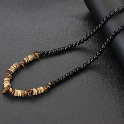 Nouveau Collier Court Fait Main de 20 Pouces Avec Perles Naturelles en Noix de Coco Pendentif en Bois Pour Hommes Œil de Tigre Naturel Howlite Bleue Collier