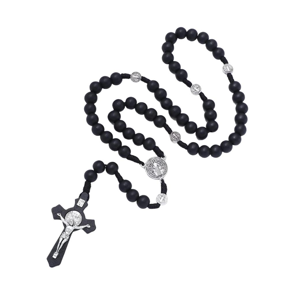Wooden Rosary Beads Necklace with Cross Pendant Religious Prayer Beads Catholic Rosary Chain with Metal Medals and Crucifix Pendant