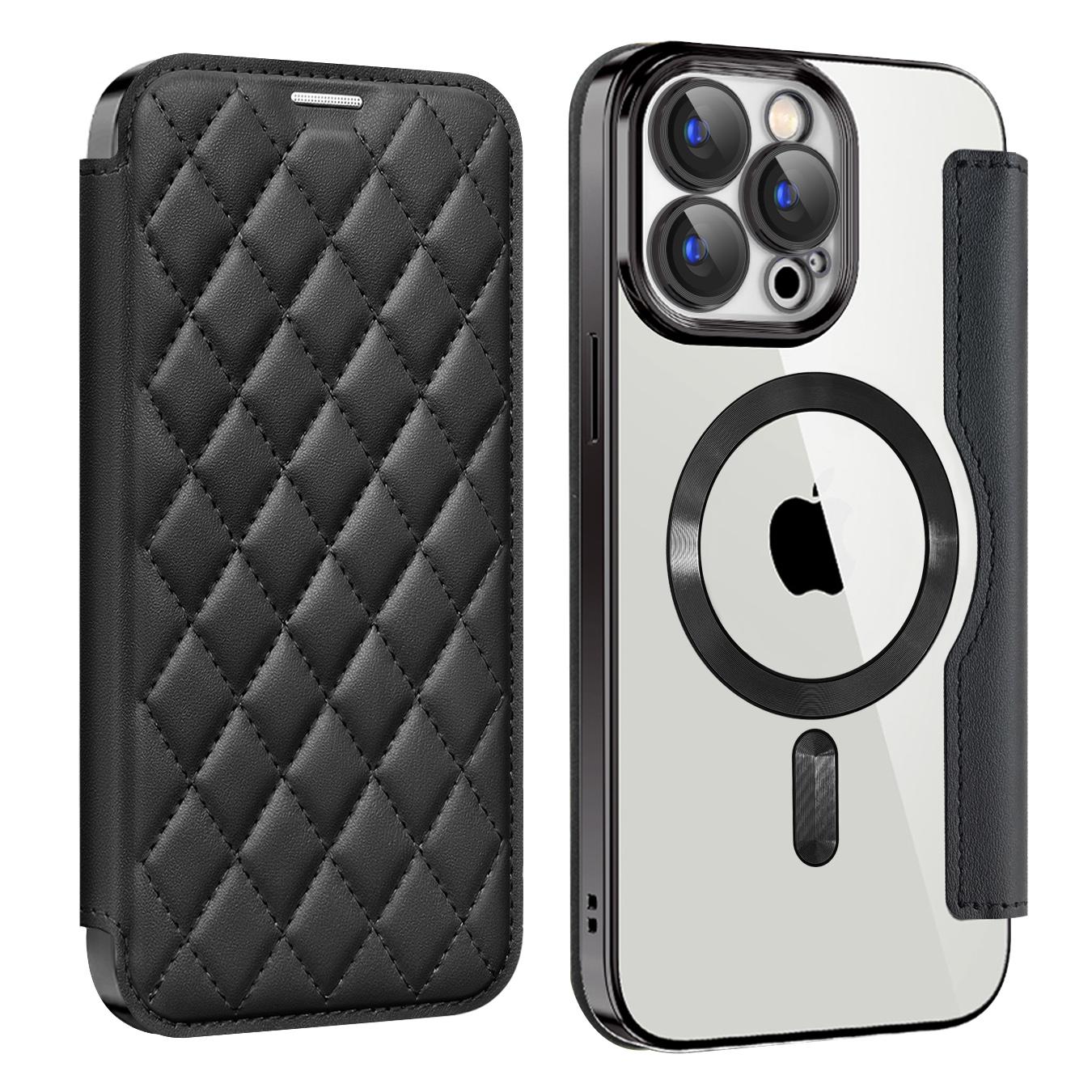 

Роскошный кожаный чехол-раскладушка для iPhone 15 Plus 14 13 12 Pro Max 11 для Magsafe, слот для беспроводной зарядки, магнитный чехол для телефона Samsung Galaxy S23 Ultra чёрный