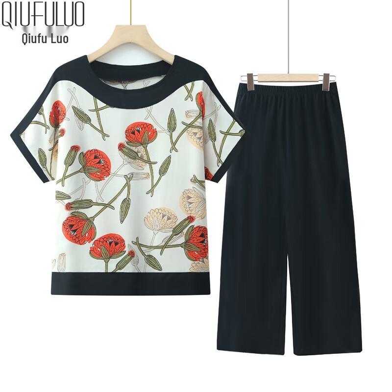 Middle-Aged Women s Floral Print Summer Sportswear Set XL