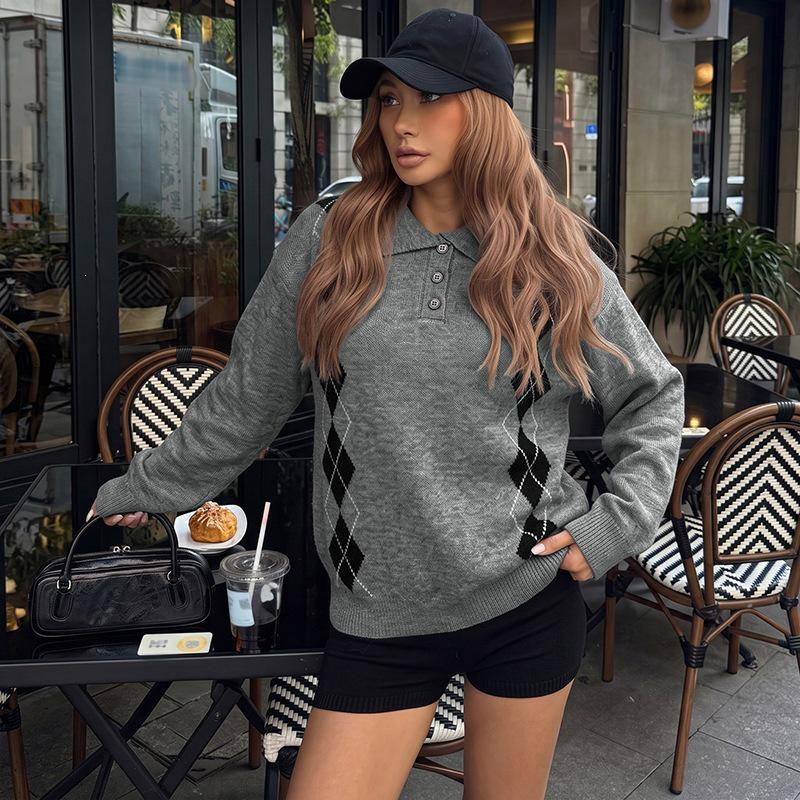 2026 Autumn/Winter Girlish Academy Style Knit Diamond Polo Collar Cardigan for Women