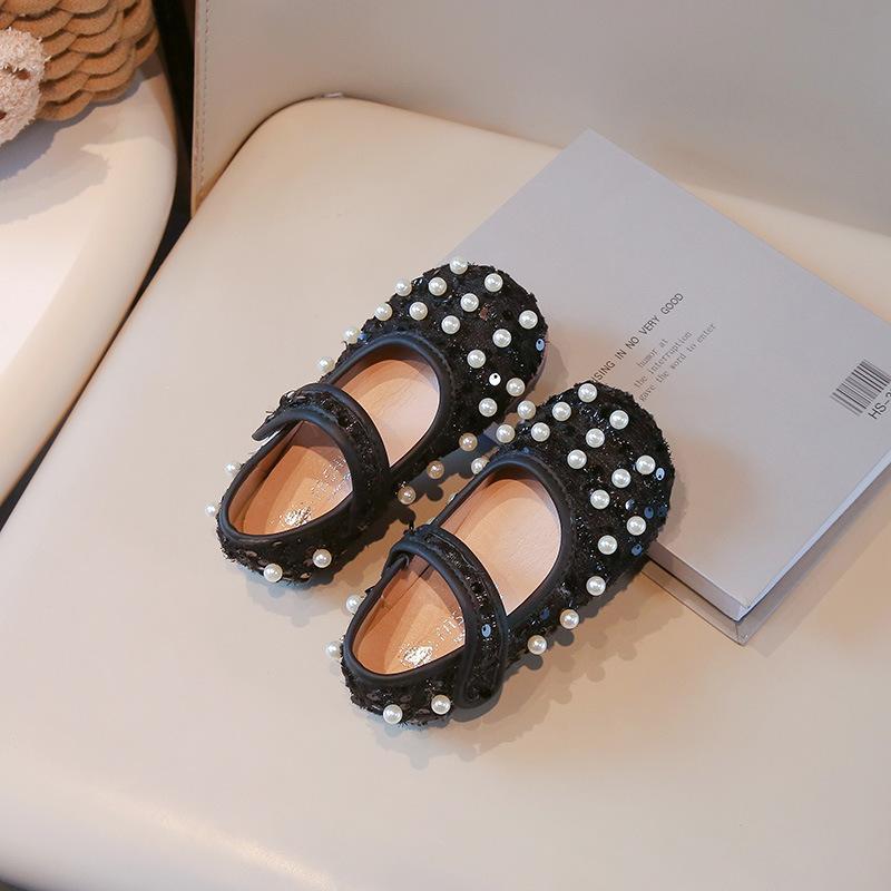 Girls Dance Shoes Elegant Round Toes Kids Flat Shoes Non-slip Soft Sole 2025 New Girls Princess Shoes with Sweet Pearl Ins Trend