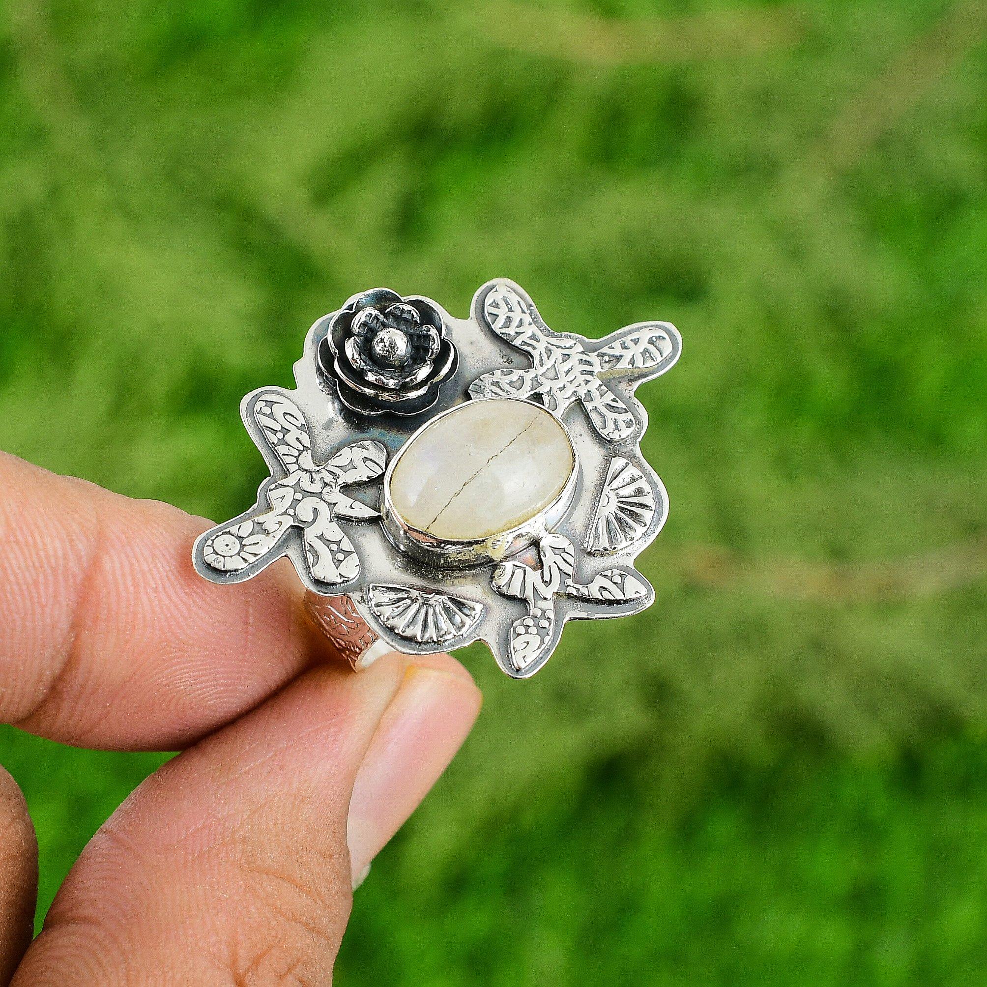 

925 Silver Natural Rainbow Moonstone Multi Stone Flower Adjustable Ring Adjustable