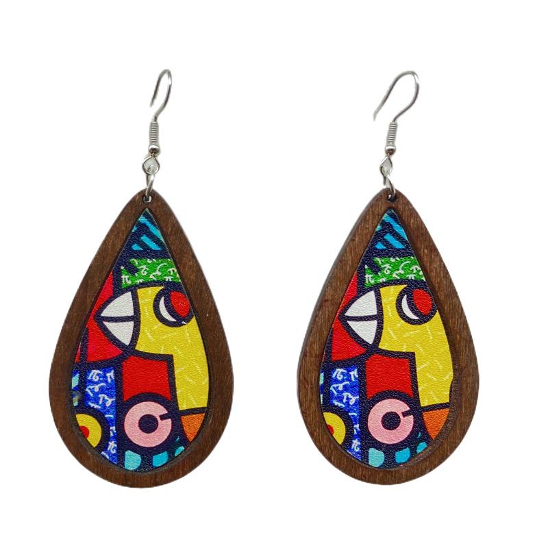 European Retro Wooden Water Drop Earrings - Oil Painting Style