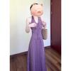 Hong Kong Style Retro Polka Dot Neck Dress Women's Summer French Holiday Style Temperament V-neck Waist Thin Long Dress Purple