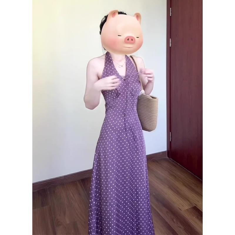 Hong Kong Style Retro Polka Dot Neck Dress Women's Summer French Holiday Style Temperament V-neck Waist Thin Long Dress Purple