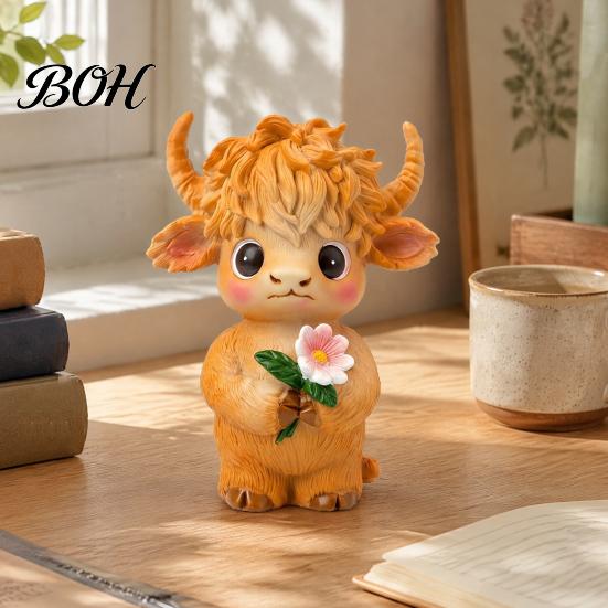 Pastoral Style Desktop Decor Highland Cow Holding Flower Statue, Cute Resin Animal Figurine, Desk Accessories for Women Farmhouse Sculpture