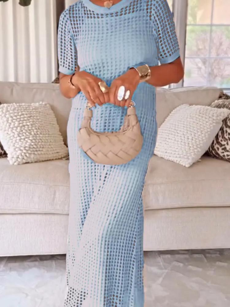 Vestido Maxi Largo sin Mangas de Punto de Encaje Blanco, Diseño Elegante Calado, Vestido de Verano Boho Chic