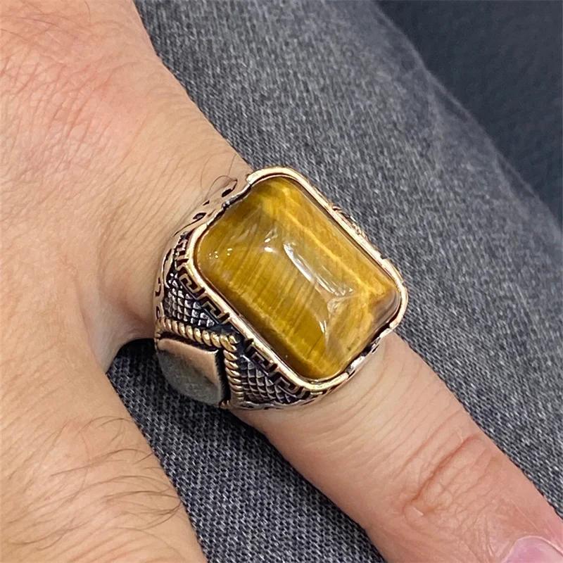 Vintage Square Inlaid Yellow Black Stone Ring for Men Personality Silver Color Metal Carving Pattern Punk Party Ring Accessories