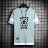 Men T-shirt Fake Two-piece Cartoon Print Round Neck Short Sleeves Contrast Color Match Pants Pullover Letter Pattern Men Spring Top Men Clothing