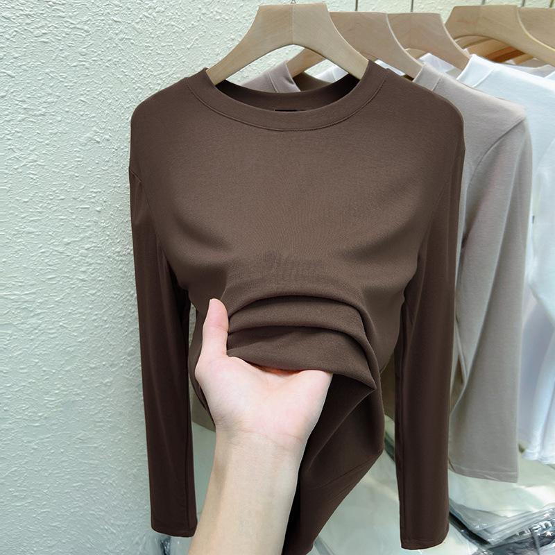 2025 Women's Stretch Cotton Long Sleeve T-shirt, Solid Color, Round Neck, Korean Style Top