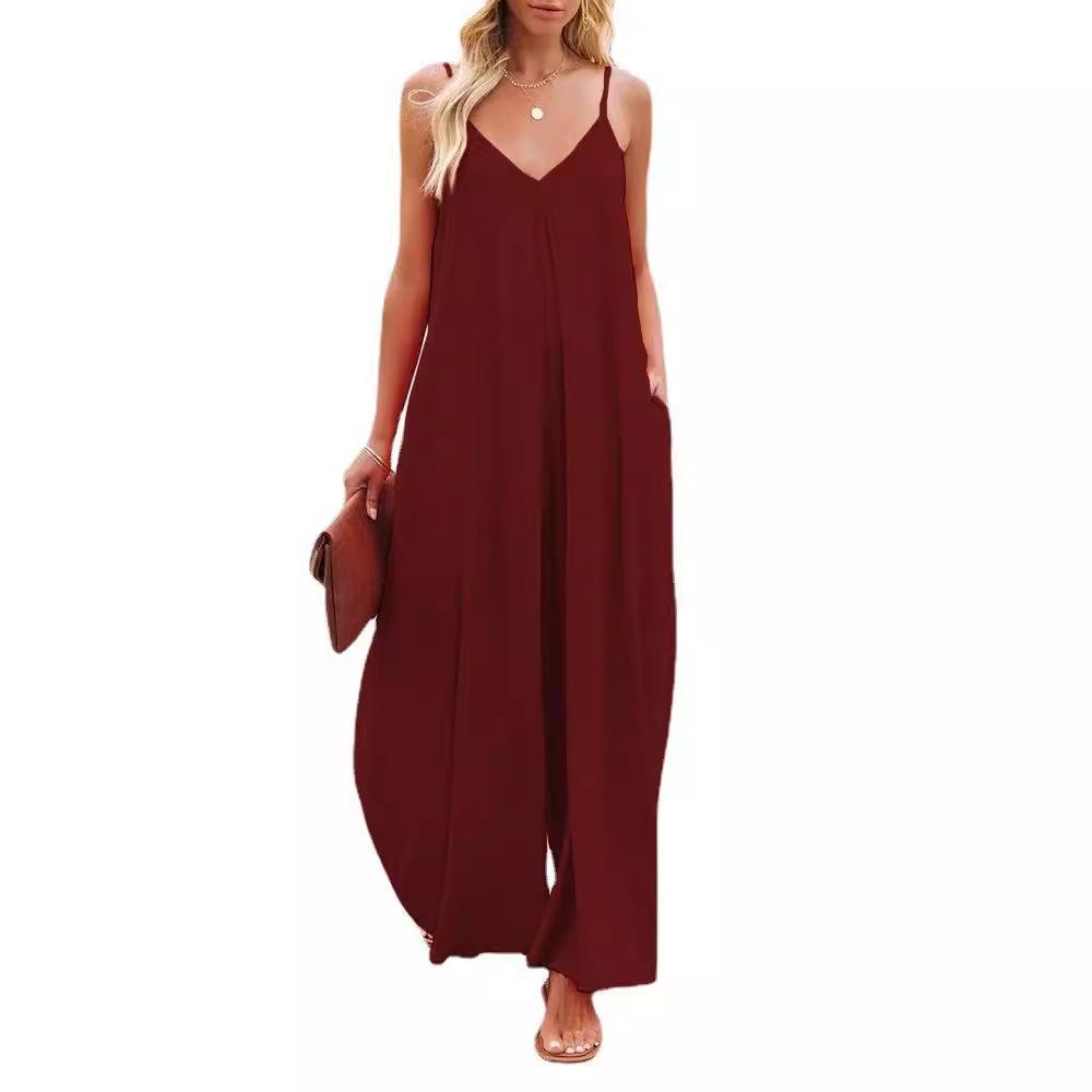 Sling Wide-leg Pants Women's Summer Solid Color Pocket Casual Jumpsuit