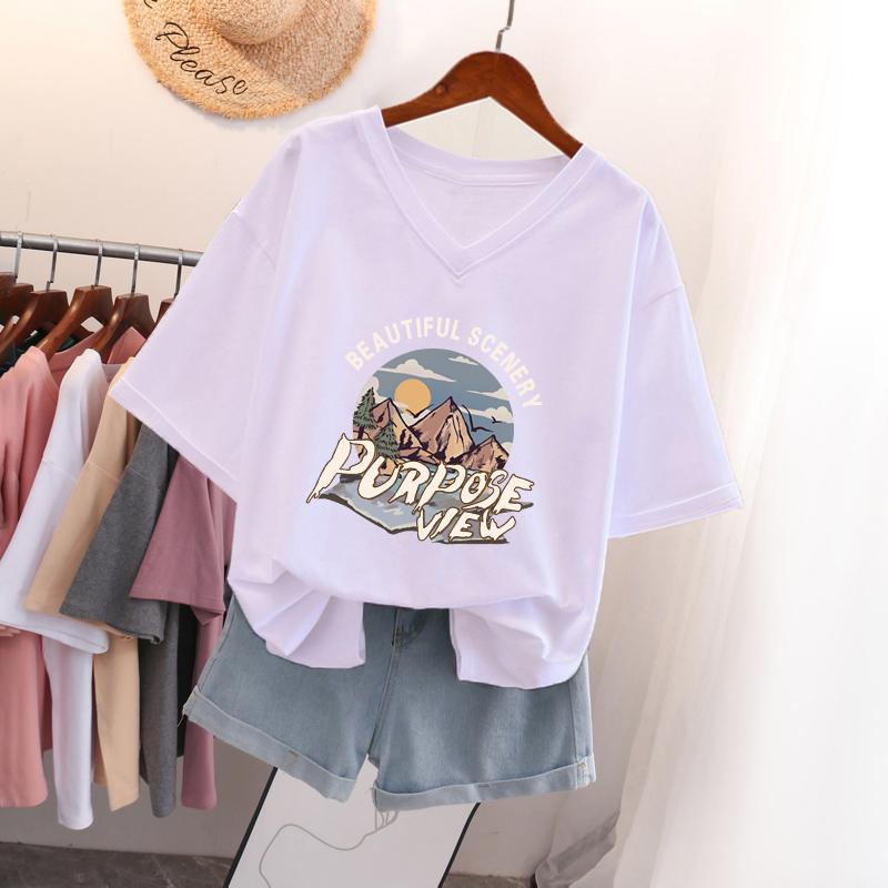 

Short-sleeved T-shirt for Women, Large Size, Loose and Slimming, Printed V-neck Top S білий