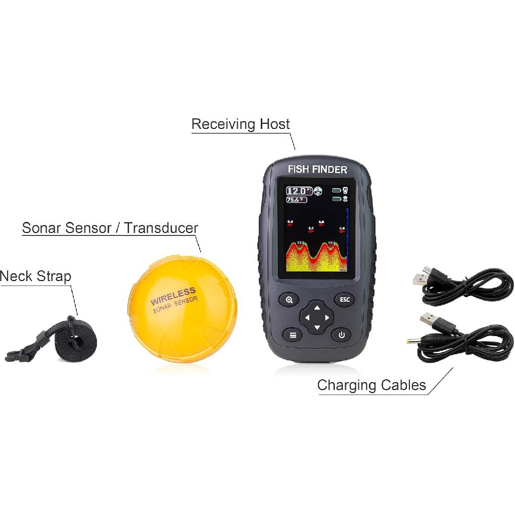 Tragbarer wiederaufladbarer Fischfinder Drahtloser Sonarsensor Fischfinder Tiefenlot mit Fischgröße, Bodenkontur, Farb-LCD-Display