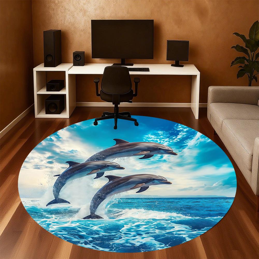 1pc Dolphins Ocean Round Chair mat Area Rug - Non-Slip, Floor Mat for Office, Bedroom, home decor Christmas Gift-1002342
