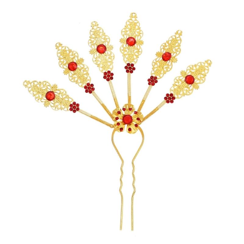Alloy Peacocks Leaf Hair Stick Hairpieces with Rhinestones Thai Ethnic Hair Ornament Daily Hairstyle Embellishment