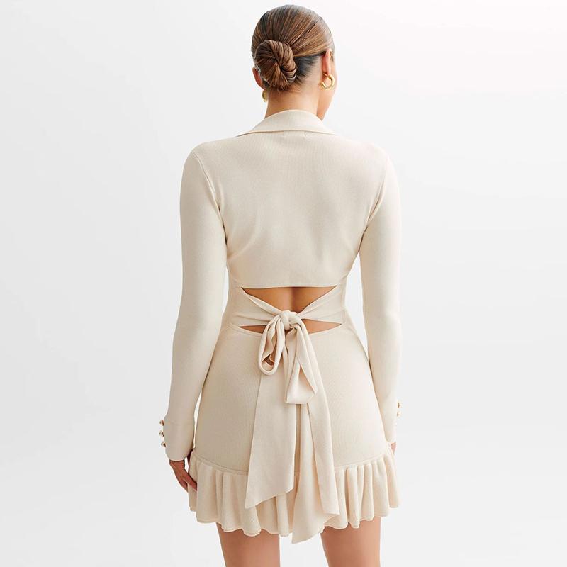 Ruffle Splice Knitwear Dress Women Elegant Bandage Bow Backless Mini Dresses Femme Holiday Long Sleeve Contrast Cardigan Lace Up Vacation Knit Dress
