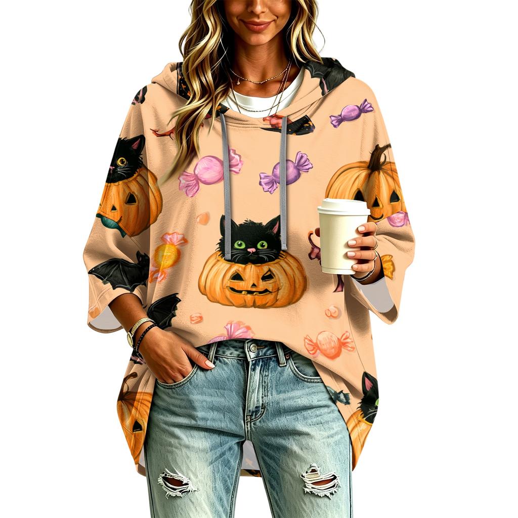 Women's Halloween Printed Hooded Pullover Top with 3/4 Sleeves for Casual Everyday Wear