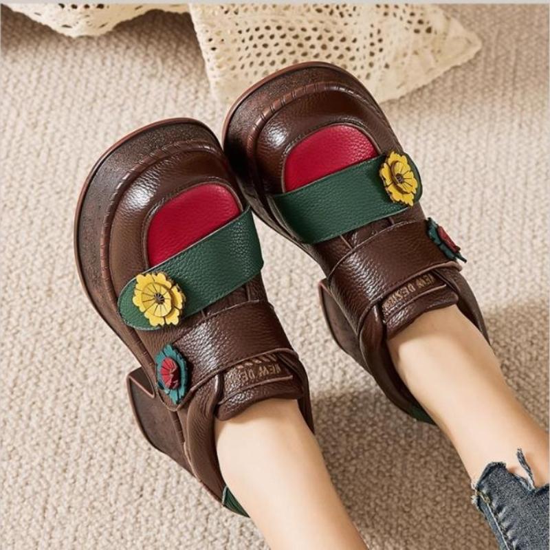 2025 New 7cm Top Layer Cowhide Spell Color Flowers Women's Fashionable Shoes Thick Sole Non-slip Elevator Shoes High Heels Tide