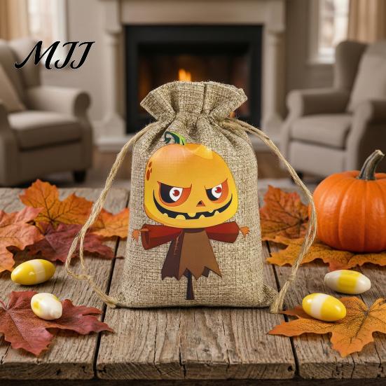 Pumpkin Theme Party Supplies 2PCS Halloween Drawstring Treat Bags, Cartoon Faux Linen Trick or Gift Pouches Sacks, Kids Candy Storage for Favors Cute
