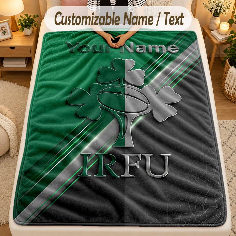 Flannel BlanketIreland Rugby Custom Name Text Personalized Soft Warm Throw Blanket Home Decor Gift