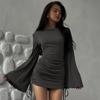 2024 Autumn Women's Fashion Bell Sleeve Drawstring Dress