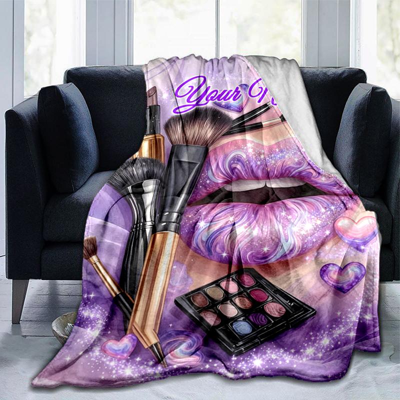 1PC Custom Name Lip Art Makeup Fantasy Outdooor Flannel Blankets Throw Blanket All-Season Throw Gift Bedspread for Couch, Bed, Camping Holiday Birthda