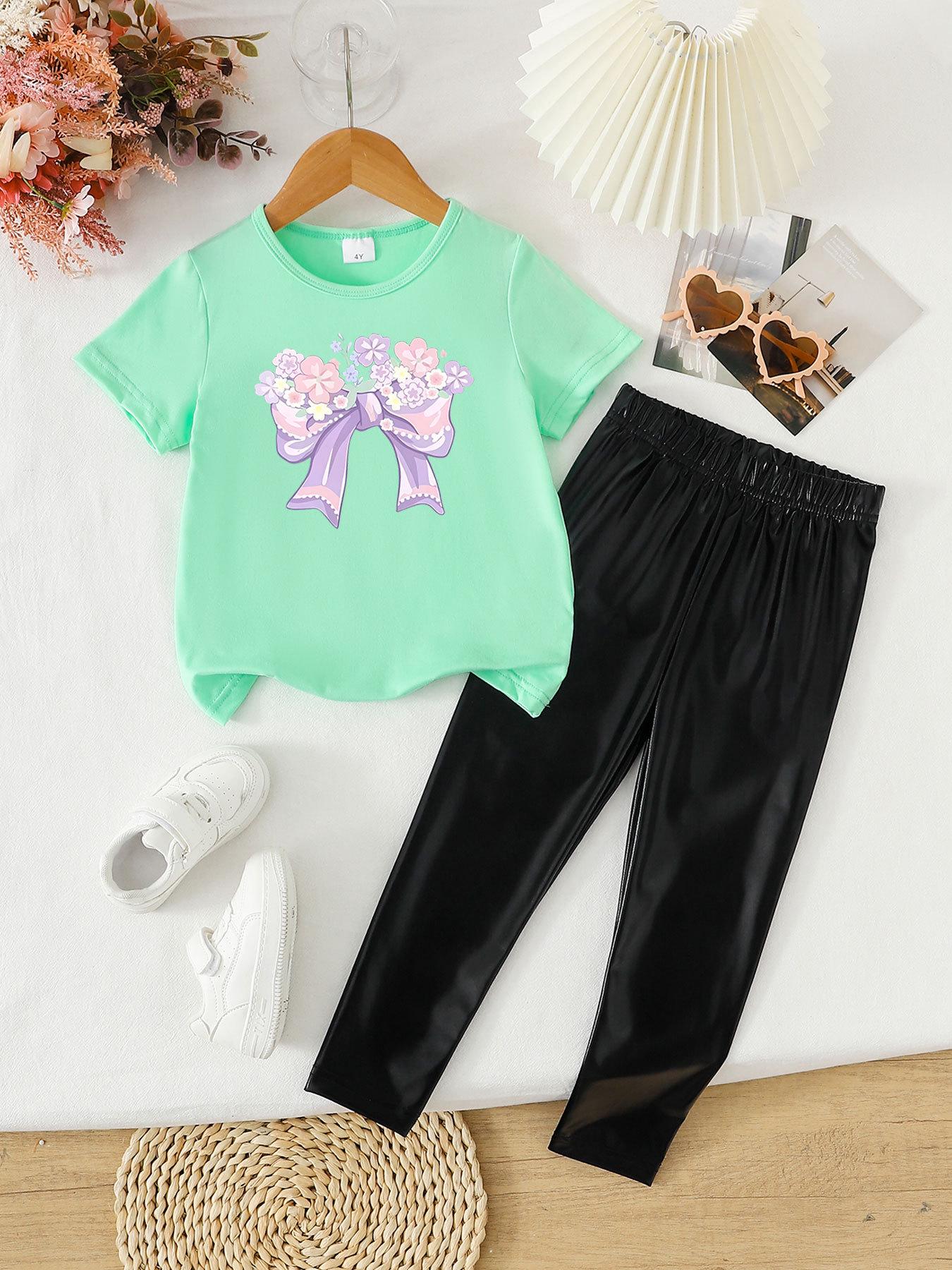 

Summer Girls Two-Piece Set: Fashionable Printed Short Sleeve Top & Long Pants 5 Years