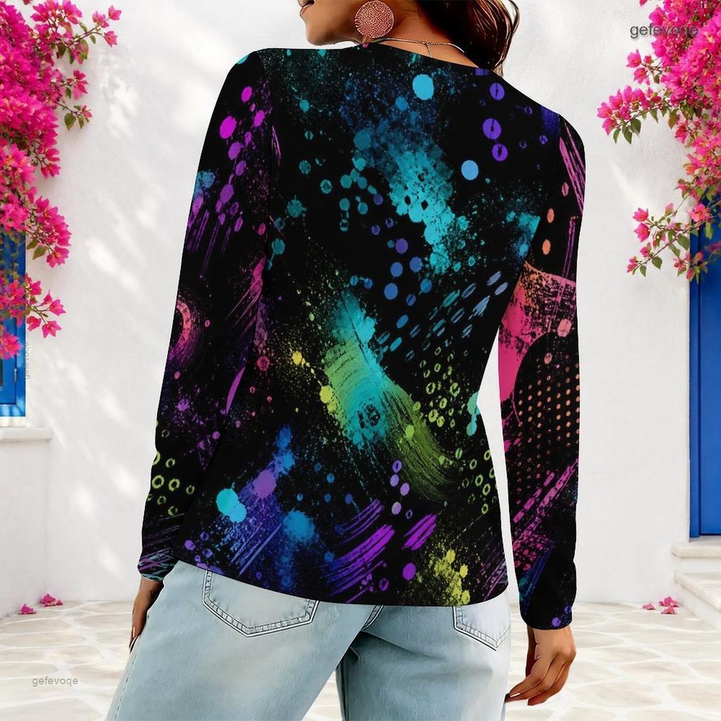 Women Plus Size Long Sleeve V Neck Colorful Abstract Printed Casual T Shirt