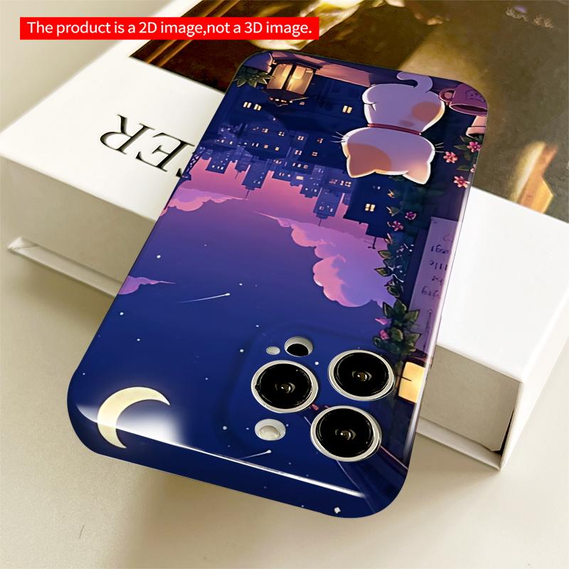 2DFlat Cute Cat Under Moonlit Sky Phone Case All inclusive film hard iPhone case, compatible with iPhone 18 Pro Max 17 16 15 14 13 12 11