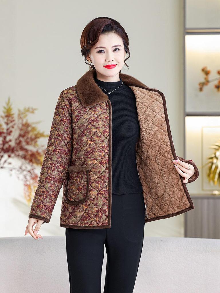 Mid-Aged & Elderly Women's Stylish Warm Velvet-Lined Winter Cotton Jacket