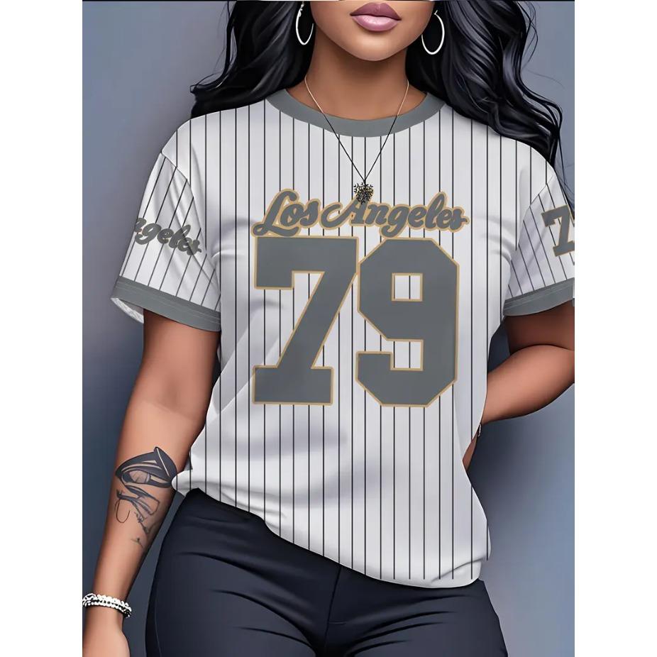 Sportbekleidung 79 Buchstaben Gestreift 3D-Druck Rundhals Kurzarm T-Shirt für Damen Atmungsaktiv Polyester Stretch Bequem für Alltag