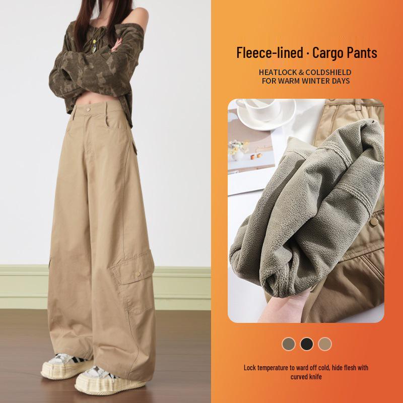 Retro Fleece-Lined Curved Leg Cargo Pants - Stylish, Slimming, Multi-Pocket, Wide-Leg Design