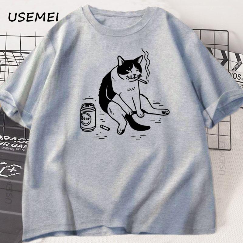 Funny Smoking Cat Meme Tshirt Unisex Cigarette Joke T Shirt Casual Stupid Brainrot Cat Lover Tshirt Humor Kitty Tee Male Clothes