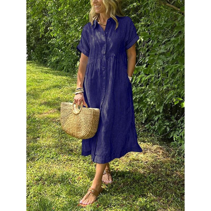 

Свободное полосатое платье-рубашка с коротким рукавом большого размера, новое повседневное платье средней длины для женщин на лето 5XL темно-синий