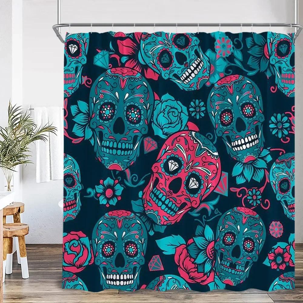 Happy Skull Shower Curtain Halloween Night Party Skull Bathroom Decoration Vintage Polyester Fabric Shower Curtain