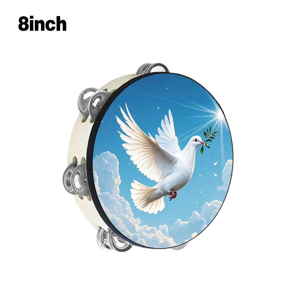 8/10 inch Blue Sky Dove with Olive Branch Tambourine, Double Row Jingle Tambourine for Party Musical Instrument