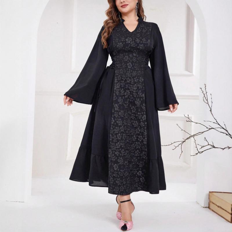 Plus Size Long Sleeve V Neck Waist Cinched Elegant Women A Line Jacquard Dress