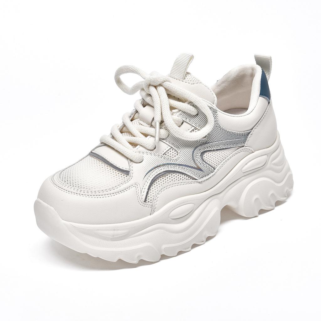 Damen Plateau weiße Schuhe Mesh Schnürer atmungsaktiv Einzelne Schuhe Damen Sportschuhe Farbabstimmung Reiseschuhe