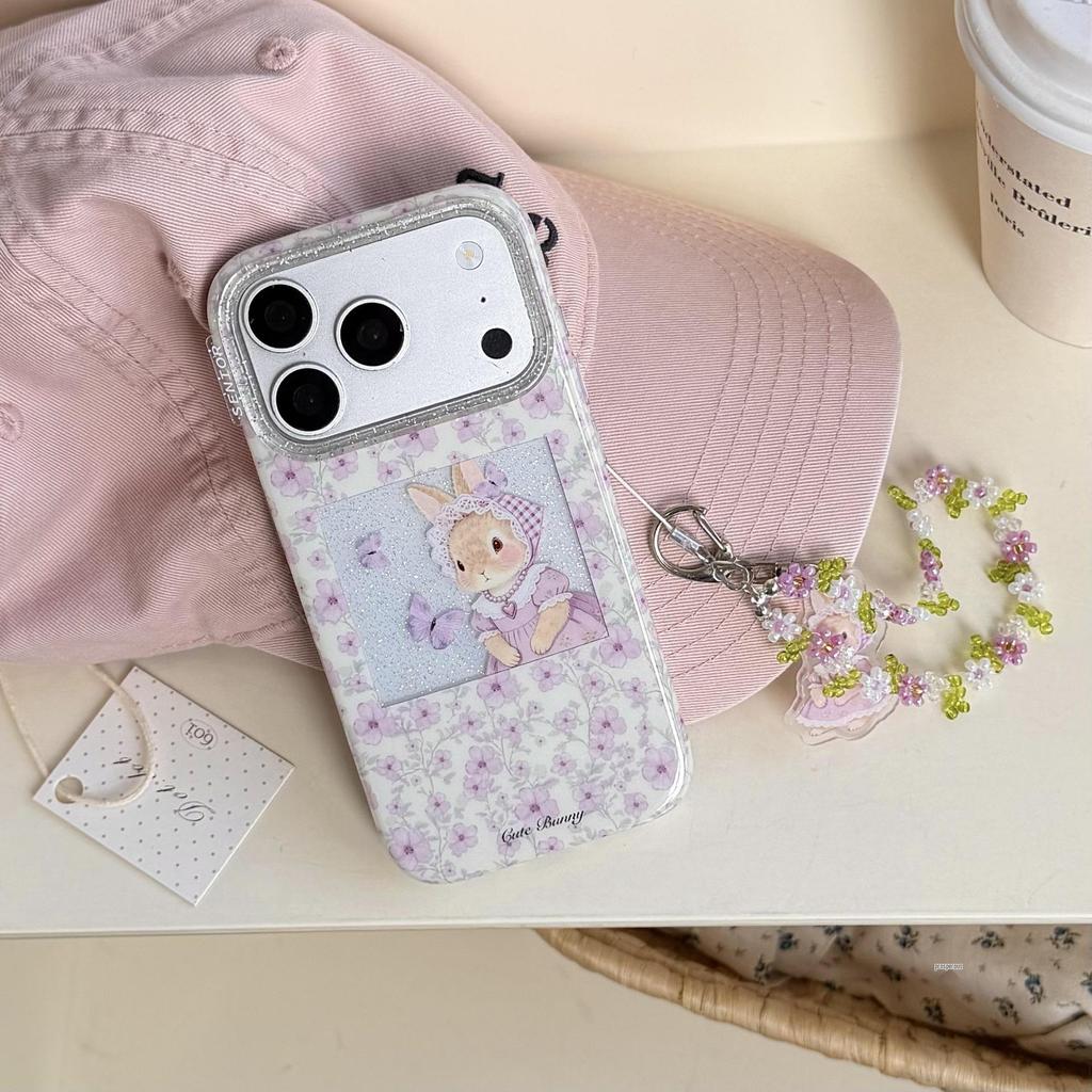 Purple Floral Rabbit Chain Case for iPhone 15/14/16/17 Pro Max