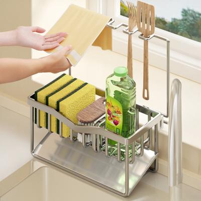 Kitchen Sink Caddy Stainless Steel Sponge And Brush Holder with Adjustable Divider Auto Drain Tray Countertop Organizer for Utensils Dish Soap Bottle