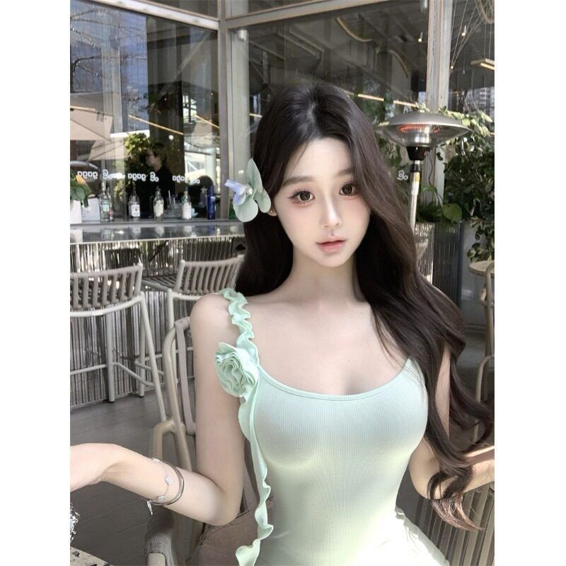 Mint Green Flower Suspender Dress Women's Summer Vacation Wind Waist Fishtail Skirt Pure Desire Slim Hip Wrap Dress
