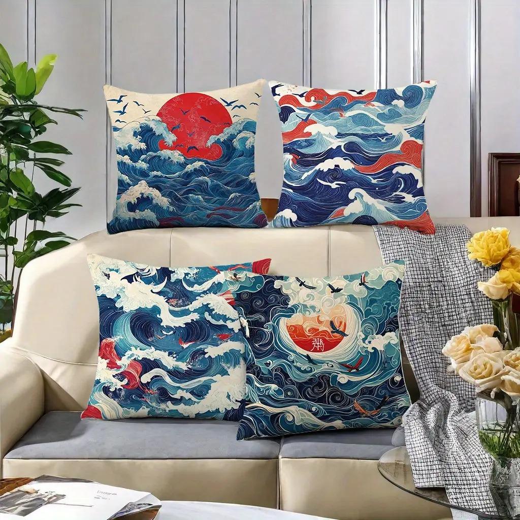 Traditional Japanese Wave & Sun Pillowcase: Ukiyo-E Style Cushion Cover For Sofa Living Room Home Decor